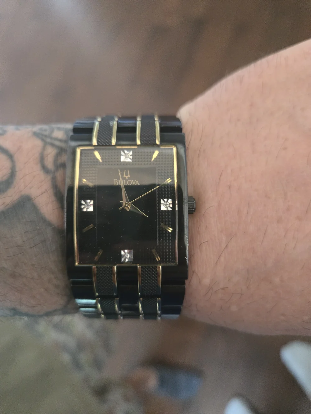 Bulova Men's Black and Gold Rectangular Dress Watch